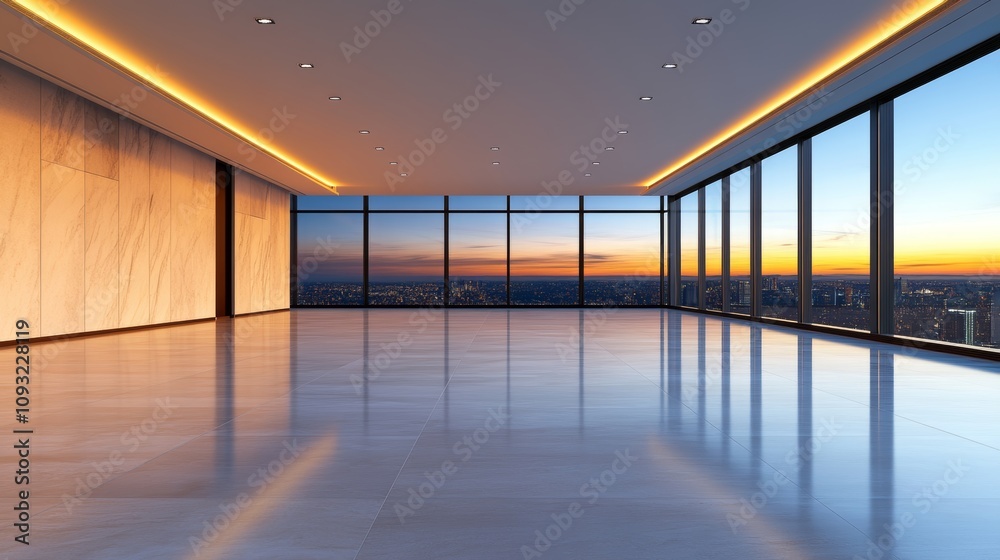 Empty modern office space with floor-to-ceiling windows offering stunning sunset city views. Warm light reflects on the polished floors, creating a serene and sophisticated atmosphere. Empty modern office space with floor-to-ceiling windows offering stunning sunset city views. Warm light reflects on the polished floors, creating a serene and sophisticated atmosphere.