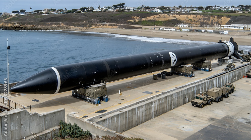 ICBM parked on a military base with various support vehicles around. 