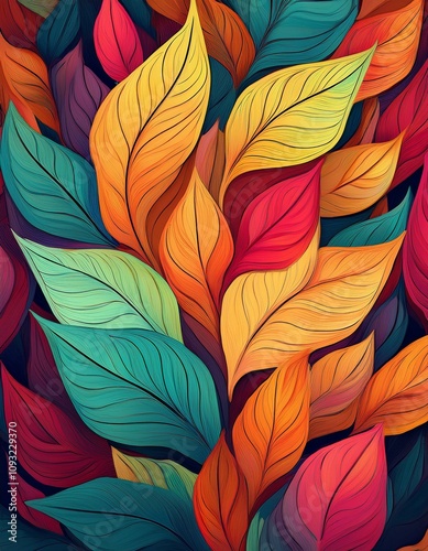 Vibrant illustration of colorful leaves in warm and cool tones.