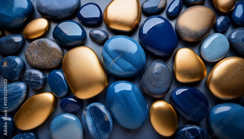 Smooth, polished stones in shades of deep blue and gold gleam in this close-up shot.