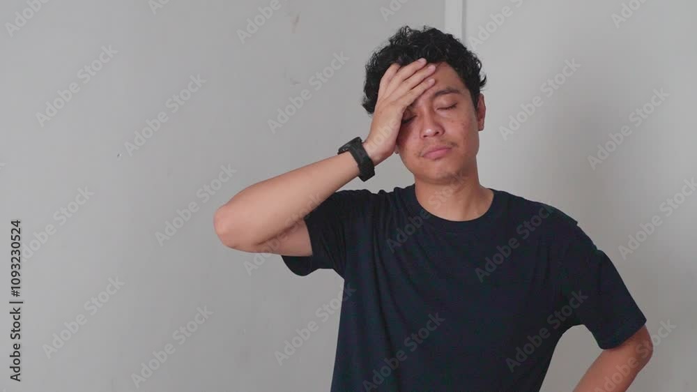 Man Expressing Disappointment. A man is standing in front of a plain white background. His face displays disappointment and sadness.
