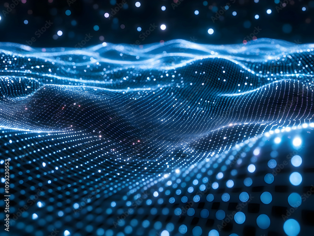 Abstract Background - 3D Blue Wavy Landscape with Particles and Glowing Lights Abstract Background - 3D Blue Wavy Landscape with Particles and Glowing Lights