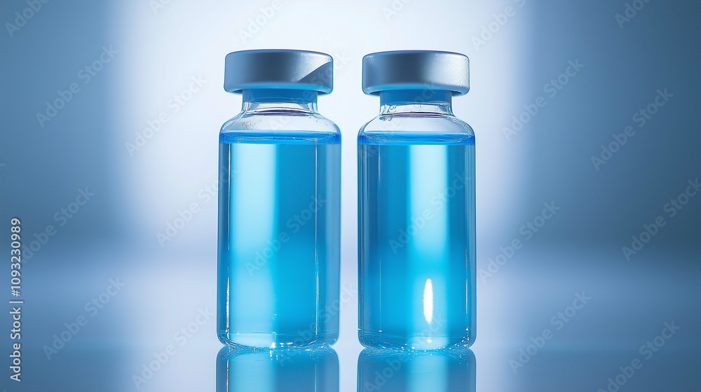Clear glass vials containing blue liquid solution illuminated against a soft white and blue gradient background for medical and scientific use Clear glass vials containing blue liquid solution illuminated against a soft white and blue gradient background for medical and scientific use