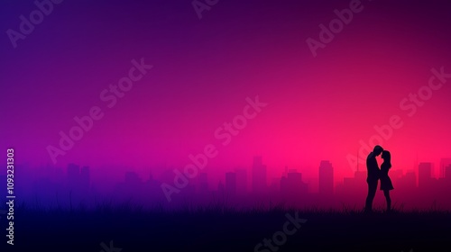 Romantic Silhouettes of Couples Embracing Against a Vibrant Sunset Cityscape, Exploring Themes of Love, Intimacy, and Connection in an Urban Setting