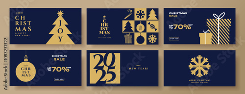 Merry Christmas and Happy New Year 2025 horizontal banner, cover, poster, greeting card set in modern simple geometric style in gold and dark blue colors for season greetings, ads, sales, print