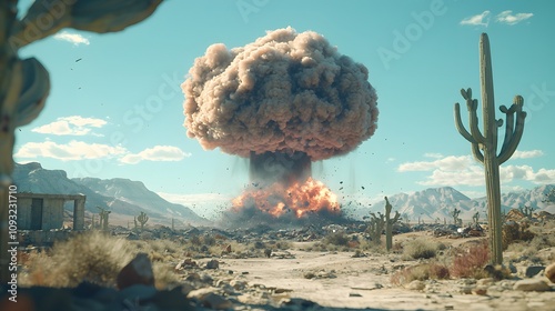 A nuclear explosion mushroom cloud, rising over a devastated landscape. 