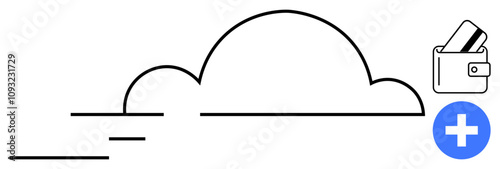 Cloud outline connected to wallet with credit cards and blue plus icon. Ideal for cloud storage, finance management, online services, digital wallets, cloud computing, banking tools, virtual