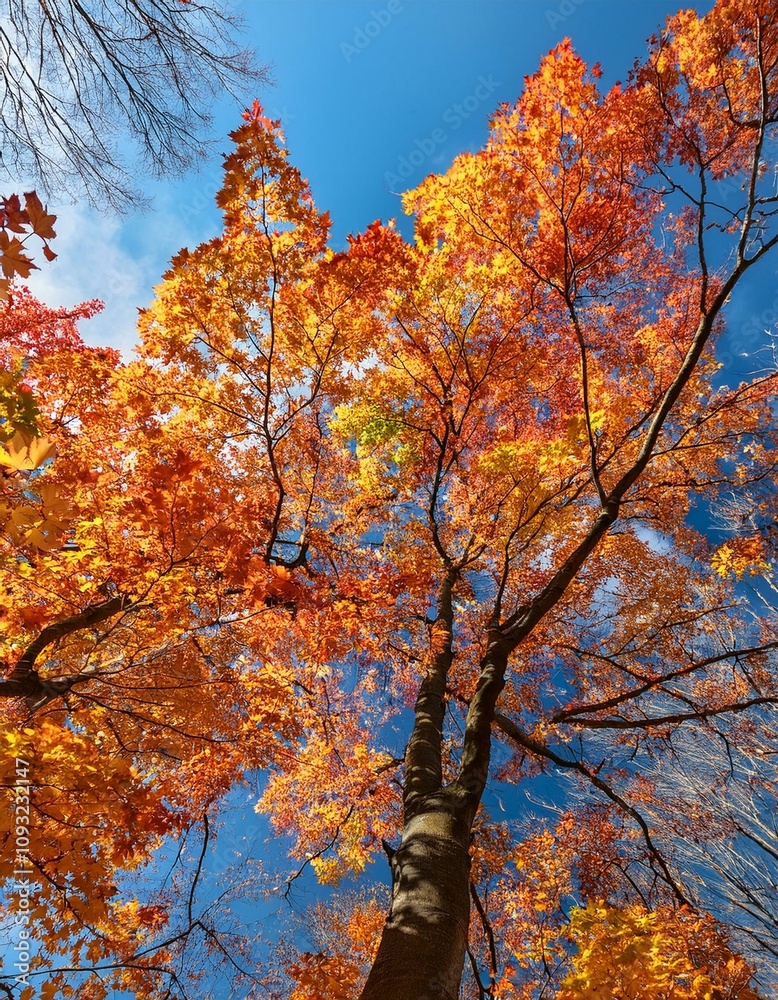 Fototapeta premium Vibrant autumn leaves paint a stunning picture against the clear blue sky.