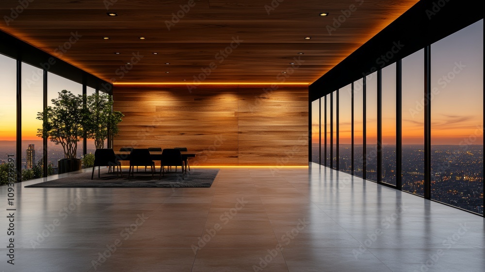 Modern dining room with floor-to-ceiling windows offering a breathtaking sunset view. Warm lighting accentuates the wood wall paneling, creating a serene and sophisticated atmosphere. Modern dining room with floor-to-ceiling windows offering a breathtaking sunset view. Warm lighting accentuates the wood wall paneling, creating a serene and sophisticated atmosphere.