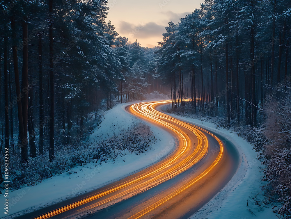 winding road through snowy forest, illuminated by car light trails, creates serene winter scene. contrast of warm lights against cool snow evokes sense of tranquility and beauty winding road through snowy forest, illuminated by car light trails, creates serene winter scene. contrast of warm lights against cool snow evokes sense of tranquility and beauty