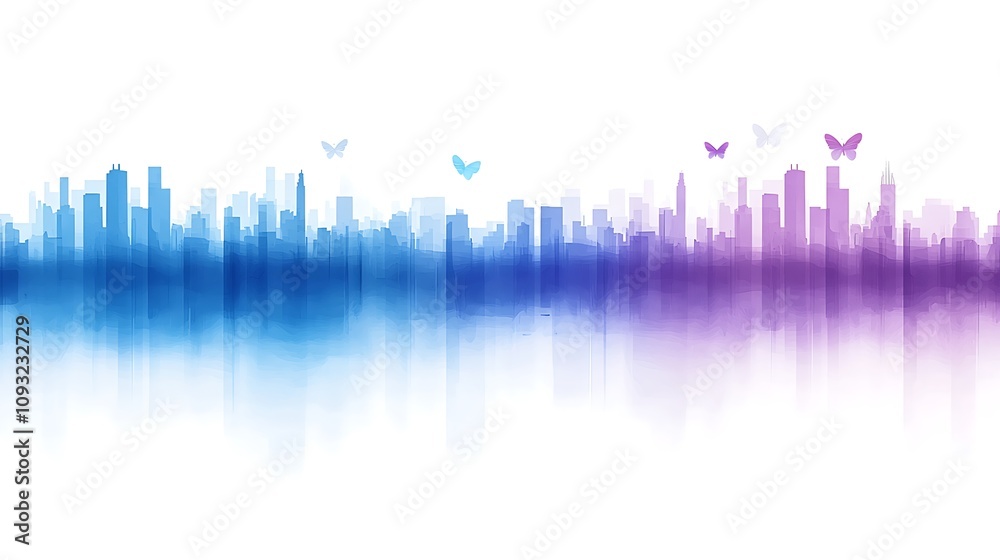 Mysterious Urban Cityscape Enveloped in Soft Fog and Colorful Hues, Capturing the Essence of a Dreamy City Filled with Butterflies