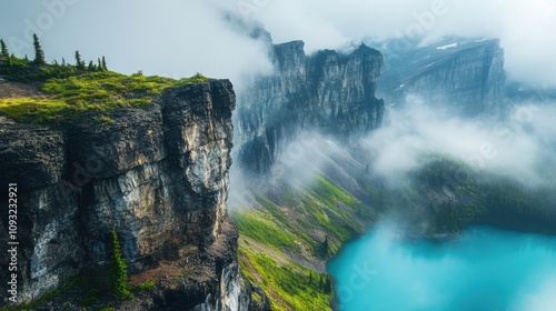 Majestic Mountain Landscape with Mist and Turquoise Lake Surrounded by Lush Greenery in the Wilderness, Perfect for Nature and Adventure Themes