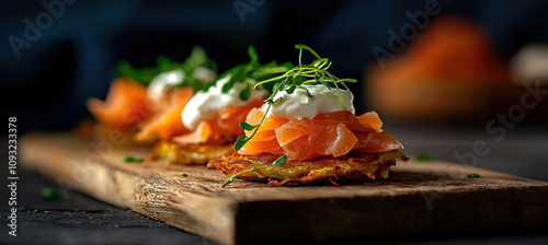 Savory latkes with smoked salmon and cream on wooden board photo