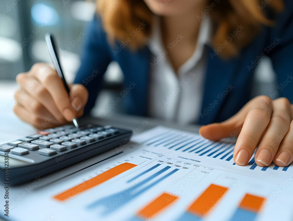 Photo Businesswoman Analyzing Financial Chart Data Calculator Photo Businesswoman Analyzing Financial Chart Data Calculator