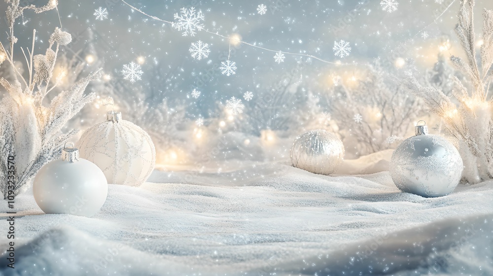 Enchanting Winter Wonderland with Silver Decorations, snow, decoration, lights, fairy Enchanting Winter Wonderland with Silver Decorations, snow, decoration, lights, fairy