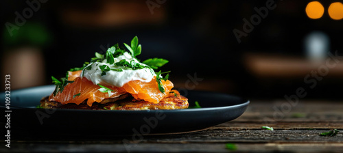 Savory latkes with smoked salmon and sour cream on dark plate photo