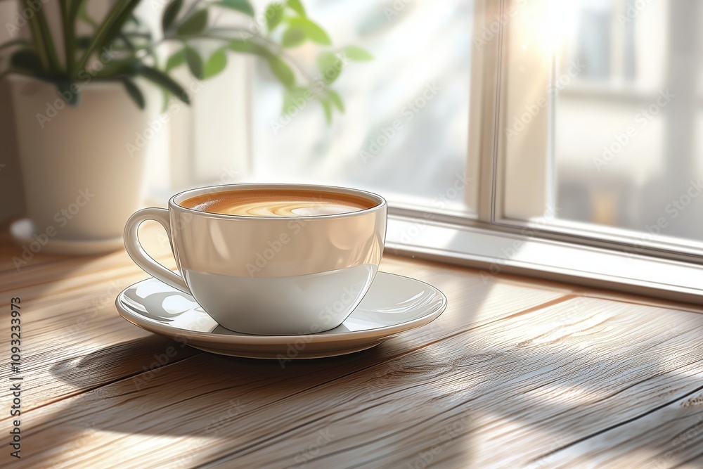 A cozy scene of a cup of coffee on a saucer near a sunlit window, with warm natural light creating a peaceful atmosphere, ideal for morning relaxation A cozy scene of a cup of coffee on a saucer near a sunlit window, with warm natural light creating a peaceful atmosphere, ideal for morning relaxation