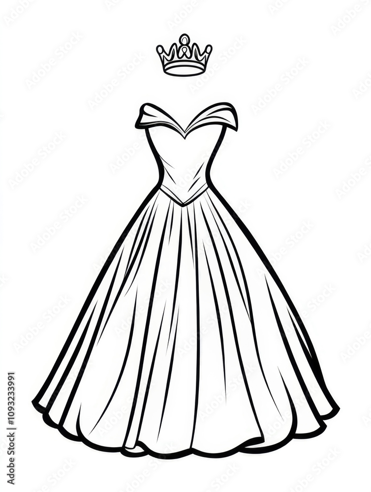 A detailed line art sketch of an elegant ball gown with a crown, embodying regal fashion and classic elegance, perfect for a princess or formal occasion theme.