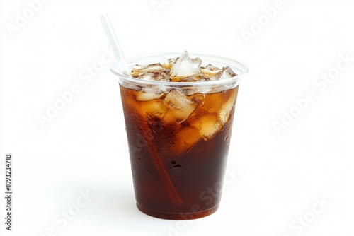 Thai Black Iced Coffee in a Plastic Cup with Ice and Straw, Isolated on White