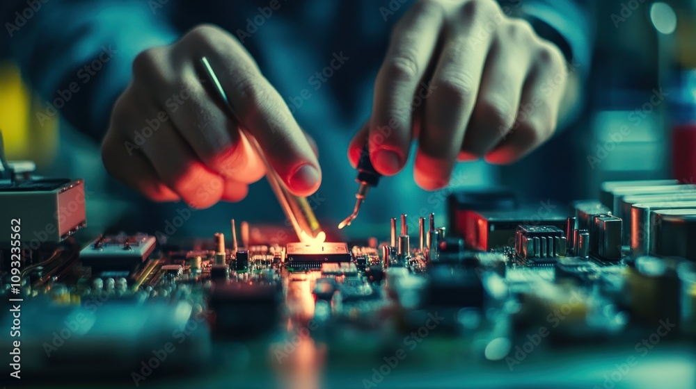 A Technician Soldering a Circuit Board with a Soldering Iron A Technician Soldering a Circuit Board with a Soldering Iron