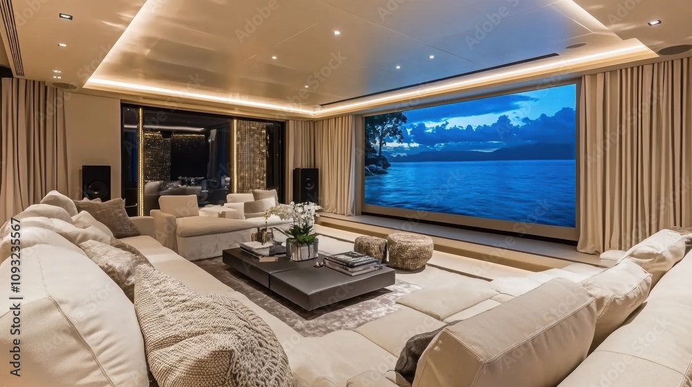 Modern home theater with large screen, cozy seating, and elegant decor Modern home theater with large screen, cozy seating, and elegant decor