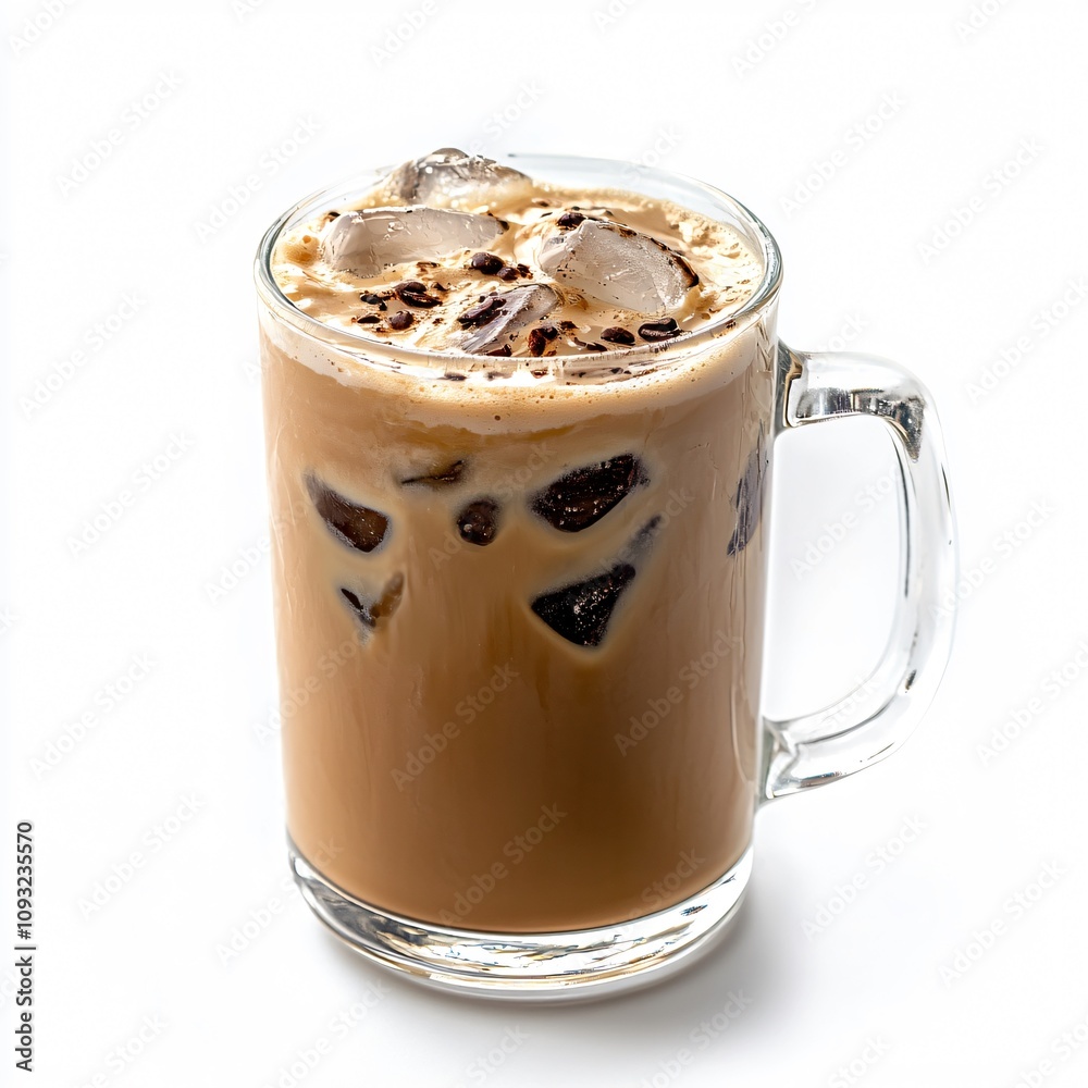 Iced Coffee in a Small Glass Mug with Foam and Ice, Isolated on White Background Iced Coffee in a Small Glass Mug with Foam and Ice, Isolated on White Background