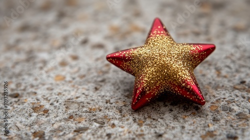 Decorative star ornament with red and gold glitter on textured surface