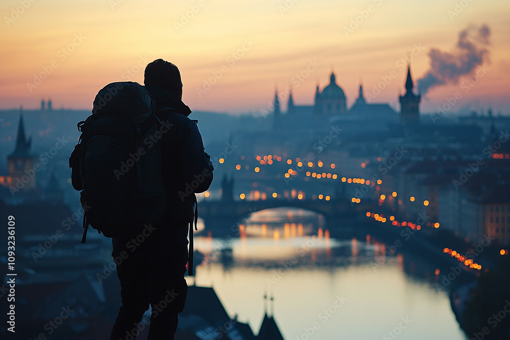 Fototapeta premium A backpacker silhouette against classical cityscape.