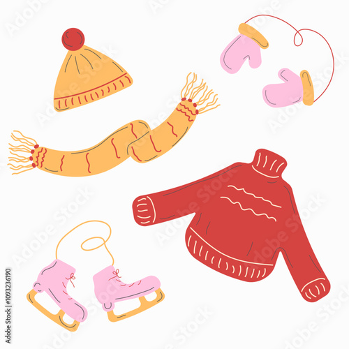 Whimsical vector set of warm winter clothes: sweater, cap, scarf, mittens, and skates. Cute collection for seasonal and winter holiday designs