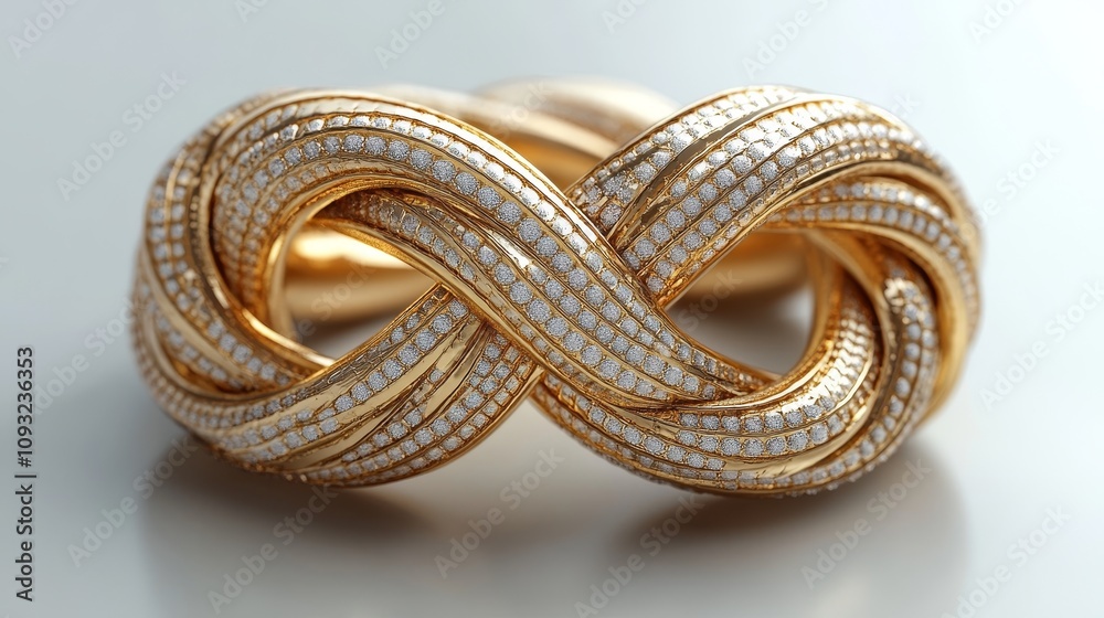 Fototapeta premium Elegant gold and diamond infinity knot bracelet on a reflective surface