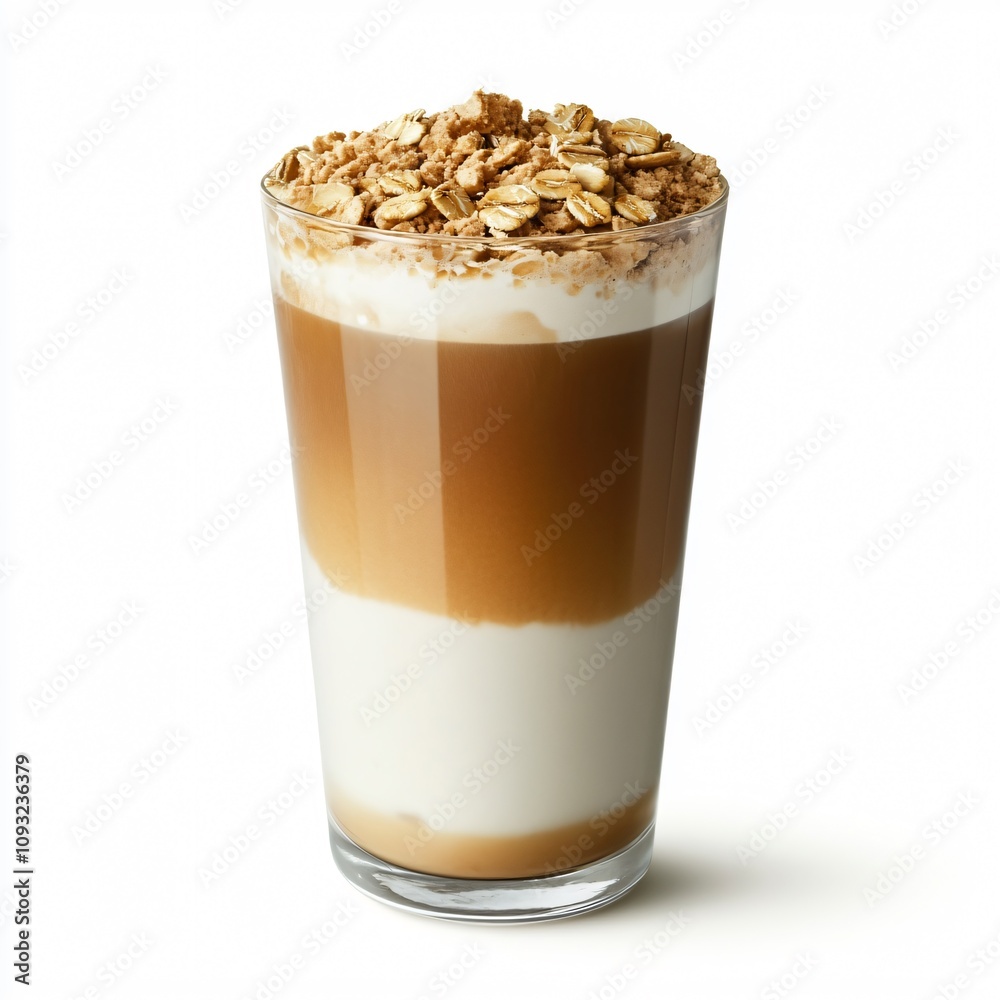 Iced Coffee with Oat Milk Layers and Granola Topping in Transparent Glass Iced Coffee with Oat Milk Layers and Granola Topping in Transparent Glass