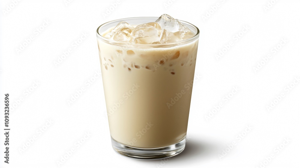 Iced Milk Drink in Transparent Glass with Ice Cubes on White Background Iced Milk Drink in Transparent Glass with Ice Cubes on White Background