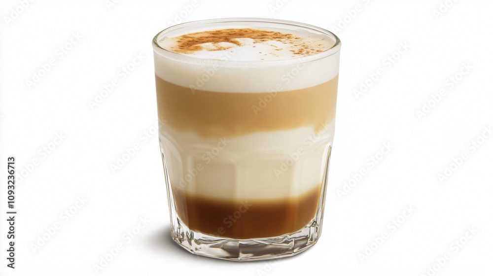 Four-Layered Coffee with Cinnamon Topping in Short Tumbler on White Background Four-Layered Coffee with Cinnamon Topping in Short Tumbler on White Background