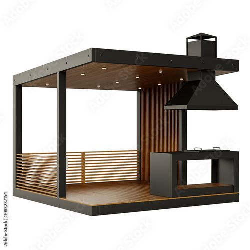 A small black and brown structure with a black chimney and a grill