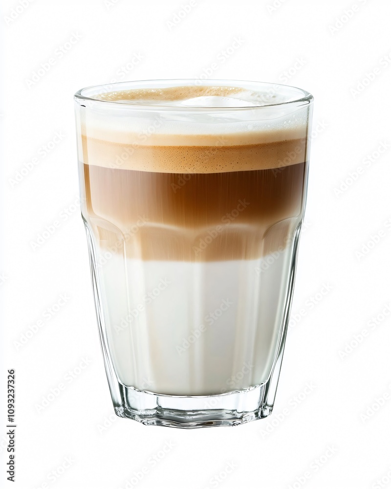 Layered Coffee with Milk Foam in Tall Glass on White Background Layered Coffee with Milk Foam in Tall Glass on White Background