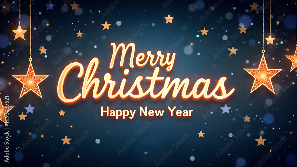 Merry Christmas and Happy New Year with golden stars. Festive holiday background. Merry Christmas and Happy New Year with golden stars. Festive holiday background.