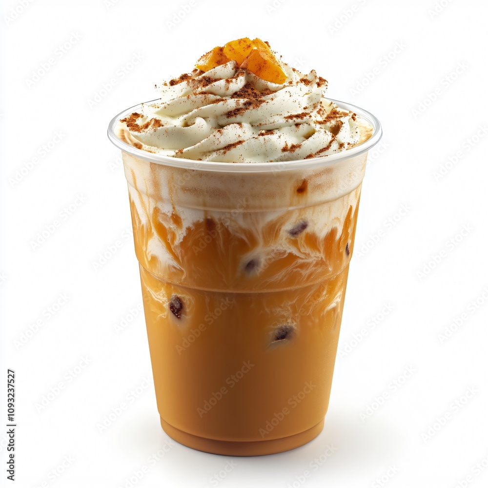 Iced Pumpkin Spice Latte in To-Go Cup with Pumpkin Spice Garnish on White Background Iced Pumpkin Spice Latte in To-Go Cup with Pumpkin Spice Garnish on White Background