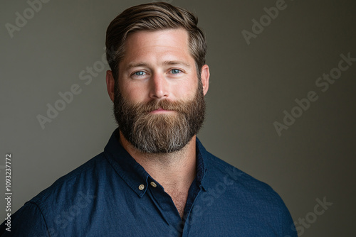 A creative professional in navy blue shirt with well-groomed beard against neutral background.