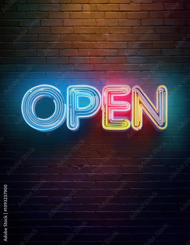 Neon sign on brick wall with open sign in neon colors Neon sign on brick wall with open sign in neon colors