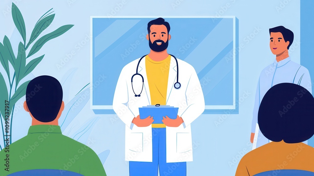 A doctor speaks to patients in a consultation room, emphasizing healthcare and communication in a modern setting. A doctor speaks to patients in a consultation room, emphasizing healthcare and communication in a modern setting.