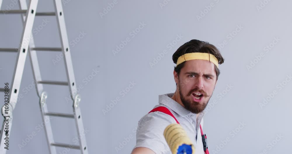 Funny worker acting silly while painting indoor walls. Determined motivated young man in workwear and sweatband holds roller and moves like getting ready for martial art battle Home renovation concept Funny worker acting silly while painting indoor walls. Determined motivated young man in workwear and sweatband holds roller and moves like getting ready for martial art battle Home renovation concept