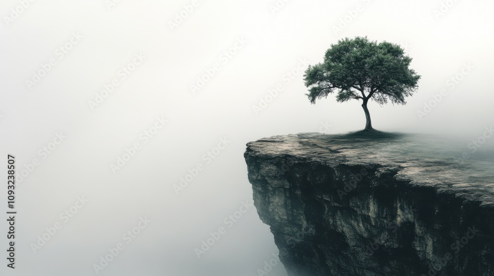 A solitary tree stands on the edge of a rocky cliff, enveloped in serene fog, symbolizing resilience and tranquility in a minimalistic landscape of nature. A solitary tree stands on the edge of a rocky cliff, enveloped in serene fog, symbolizing resilience and tranquility in a minimalistic landscape of nature.