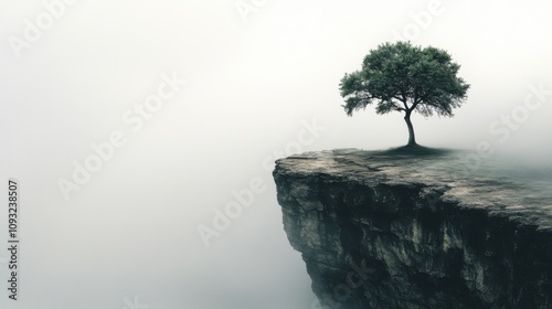 A solitary tree stands on the edge of a rocky cliff, enveloped in serene fog, symbolizing resilience and tranquility in a minimalistic landscape of nature.