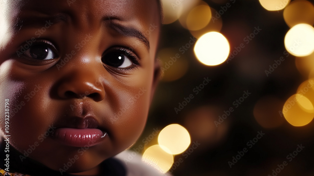 Crying Black baby against blurred Christmas tree, New Year, banner Crying Black baby against blurred Christmas tree, New Year, banner