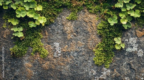 Green moss and sprouting clover grow over a textured rocky wall, illustrating the resilience of life and nature's ability to thrive in rugged environments. photo