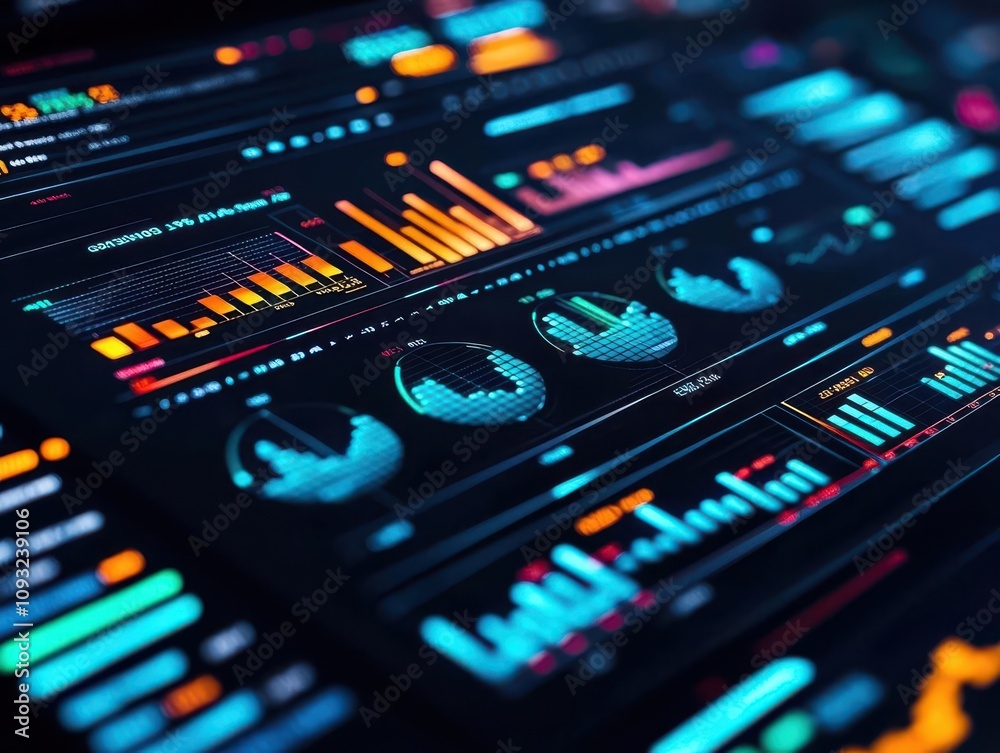 Hightech dashboard with interactive graphs, representing expanding market data Hightech dashboard with interactive graphs, representing expanding market data