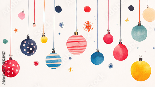 A lively watercolor depiction of Christmas ornaments in a variety of shapes and colors, adorned with polka dots, stripes, and snowflakes. The artistic brushstrokes and vibrant palette make the design