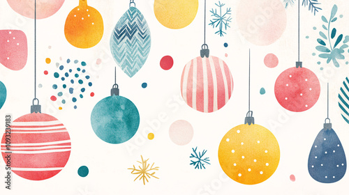 A lively watercolor depiction of Christmas ornaments in a variety of shapes and colors, adorned with polka dots, stripes, and snowflakes. The artistic brushstrokes and vibrant palette make the design