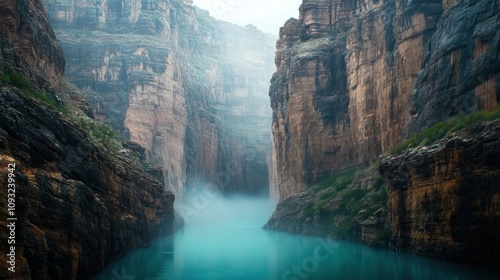 Serene Canyon Landscape with Mist and Turquoise Waters Surrounded by Majestic Rock Formations in a Tranquil Natural Setting