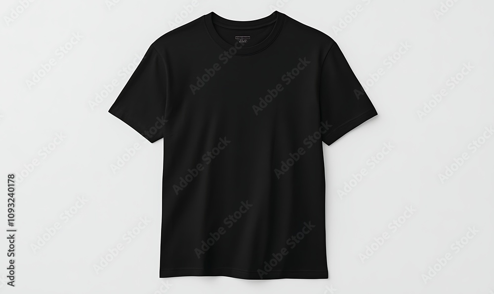 A plain black T-shirt displayed on a white background. A plain black T-shirt displayed on a white background.